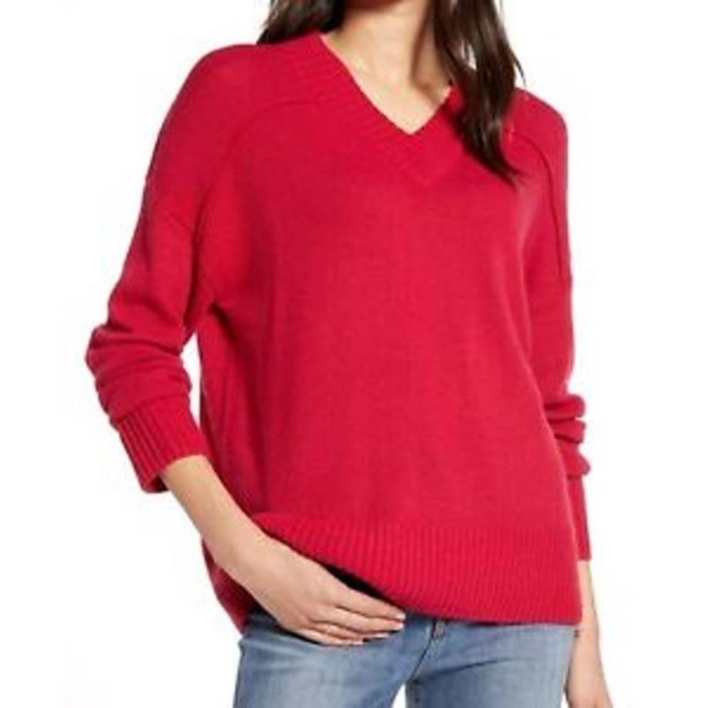 NWT Treasure & Bond V-Neck Pullover Knit Sweater Seam Detail Red Persia XS